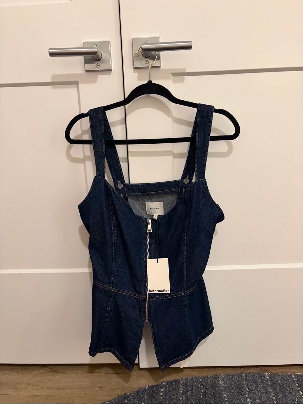 Reformation Indigo Denim Zip-Front Sleeveless Top